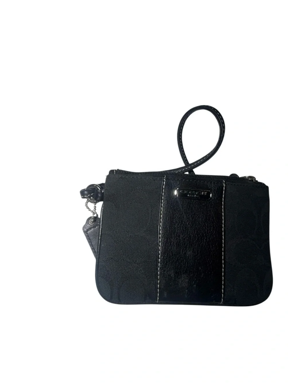 Coach Black Signature Wristlet Clutch with Leather Center Panel